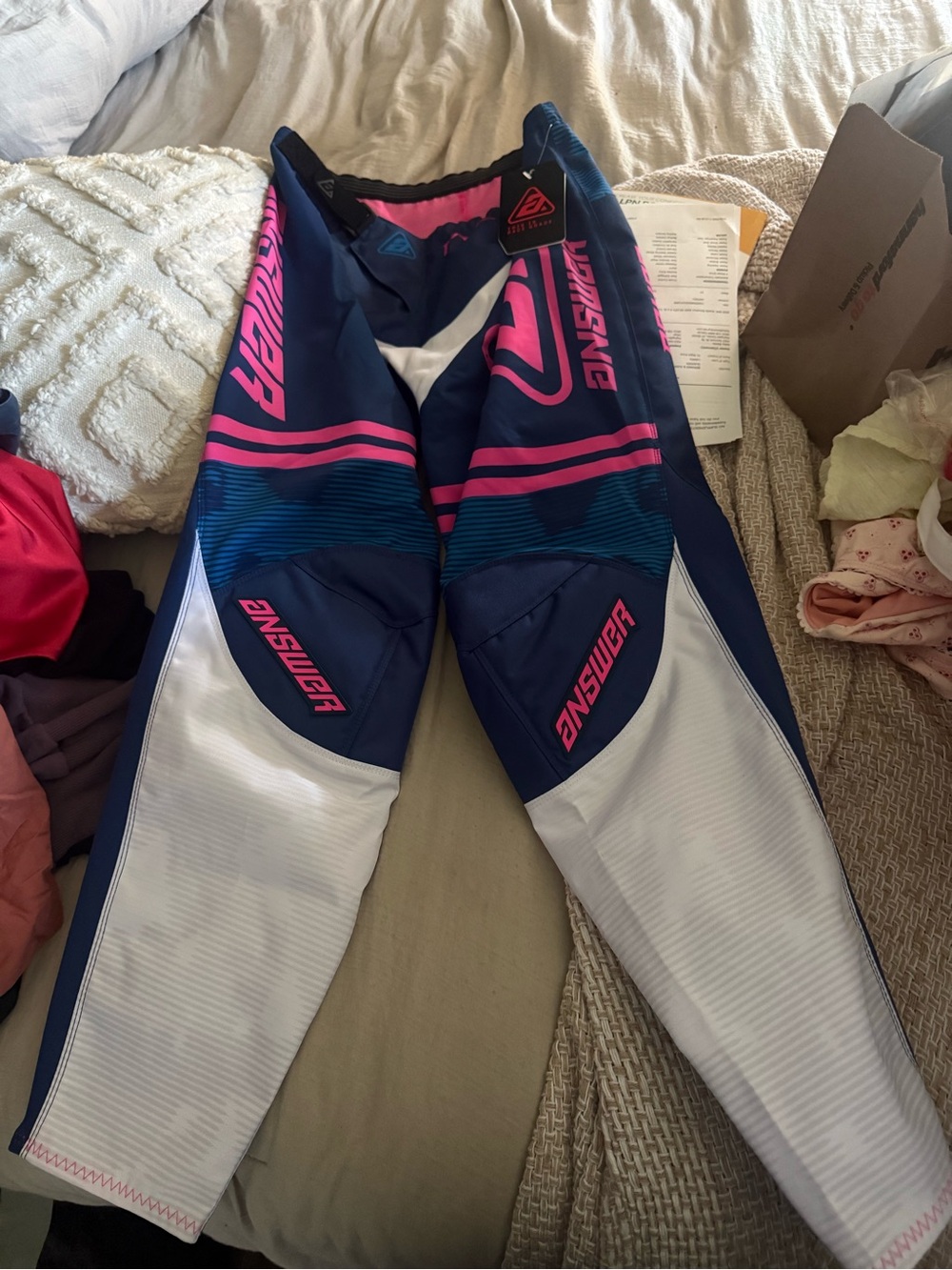NWT, ARKON Answer Adult women’s ATV/ BMX Pants in blue, White & Hot Pink
